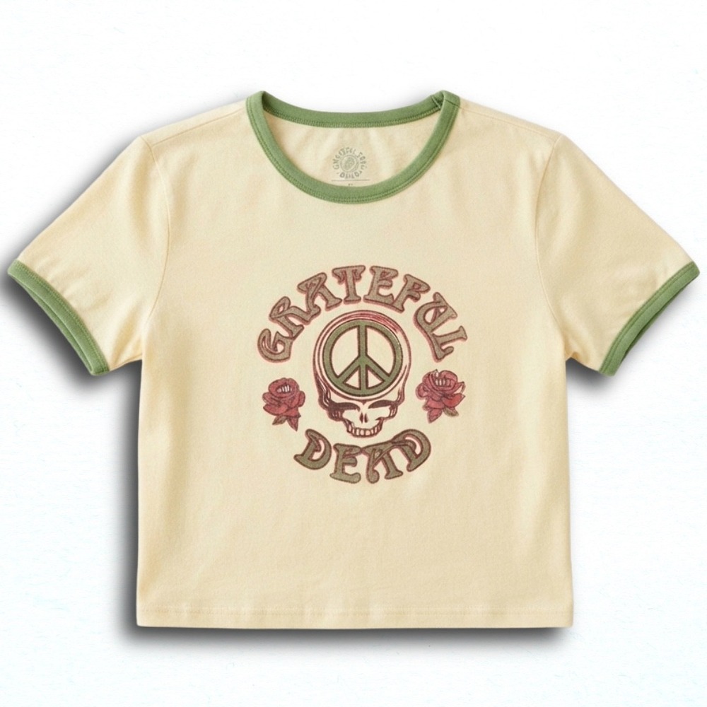 Grateful Dead Ringer Graphic Tee Cream Green Peace Skull Roses Medium